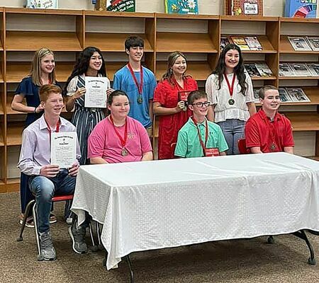 SOUTH FULTON MIDDLE SCHOOL ACADEMIC TOP TEN, EIGHTH GRADE – Back Row, left to right, Morgan Puckett, who also won the 110% Award, Jenefer Wallace, Connor Lawrence, Allie Wright, and Anna Kate Lawrence; front row, left to right, Brady McFarland, Mayce Glasgow, Austin Reason, and Stewart Connor.