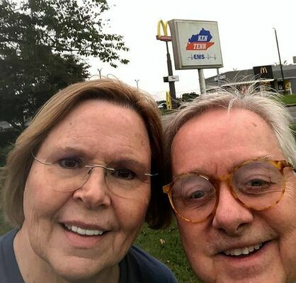 HOT ON THE HUNT – Two of the Chamber Scavenger Hunters, Bob and Brenda Mahan, “check-in” on Facebook at one of the clue locations. (Photo submitted)