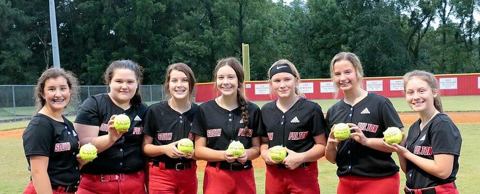 EIGHTH GRADE RECOGNITION – Eighth grade members of the South Fulton Middle School Lady Red Devils’ softball team were recently honored, including Anna Kate Lawrence, Lydia Carlisle, Anna Claire Barnes, Hadley Barnes, Maddie Gray, Brynn Futrell and Chloe Liliker. (Photo submitted)