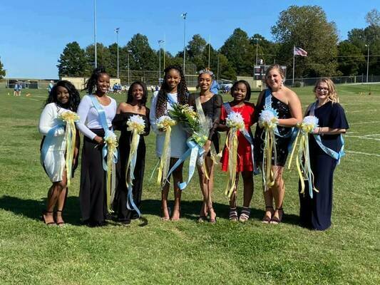 HOMECOMING ROYALTY - Homecoming festivities were rescheduled from Oct. 15 to Oct. 16, because of impending weather. Homecoming maids included, from left, Amyia Sanders, Junior Maid; TaKyiah McNeal, Senior Maid; Ty"Airriah Freeman, Sophomore Maid; De'Ayria Kinney, Senior Maid; Queen Jakyla Crumble, Senior Maid; Fairy Thomas, Freshman Maid; Hannah Murphy, Freshman Maid; and Maddy Morrison, Senior Maid. (Photo submitted)