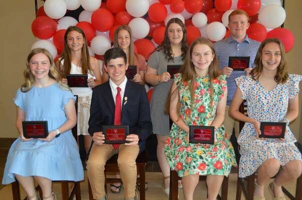 ACADEMIC TOP 10 FOR SFHS 10TH GRADE -- Students in 10th grade at South Fulton High School recognized May 15 for their Top 10 academic ranking in their class included Vance Duty, #1, not pictured; front row, left to right,  Emmalee Lattus, #2; Daniel Pitts, #3; Addison Stubblefield, #4; Abigail McFarland, #5; back row, left to right,  Aubree Gore, #6; Anna Gore, #7; not pictured, Malachi Combs, # 8; Anna Robertson, #9; and Luke Morris, #10. (Photo by Benita Fuzzell.)