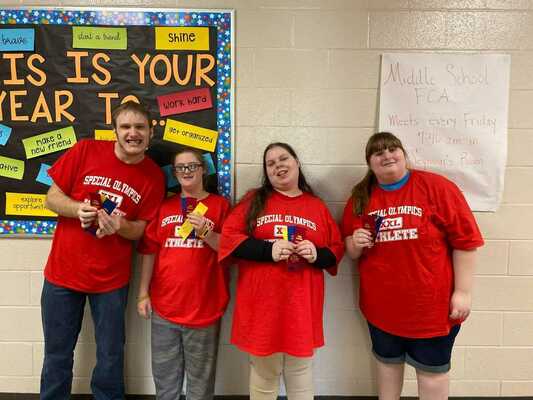 Ian Gilbert, Kylee Burcham, Rebecca Winstead and Amber Stroud recently represented South Fulton Middle/High School in the Area 7 Special Olympics and brought back a number of awards. (Photo submitted.)