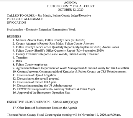 FULTON COUNTY FISCAL COURT AGENDA FOR OCT. 12, 9 A.M.
