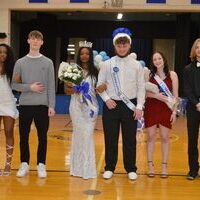 FULTON INDEPENDENT HIGH SCHOOL HOMECOMING KING, QUEEN CROWNED -- The 2023 Fulton High School Basketball Homecoming King and Queen were crowned preceding the Jan. 20 basketball game versus Fulton County at the FHS gym. Seniors, Braelyn Walker and Tristan Lalley, center, were crowned Queen and King. Included in their court was, from left, LaNya Littleton and Jacob Madding, and Makenna Naugle and Logan Norwood. (Photo by Benita Fuzzell.)