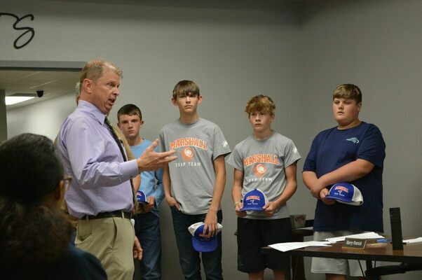 REQUESTING TRAP TEAM - Rick Major, along with team members Lee Uzzle, Jackson Major, Logan Griffiths, and Braxton Bridges attended the May 26 Fulton County Board of Education meeting to request the formation of a Trap team at Fulton County. (Photo by Barbara Atwill)