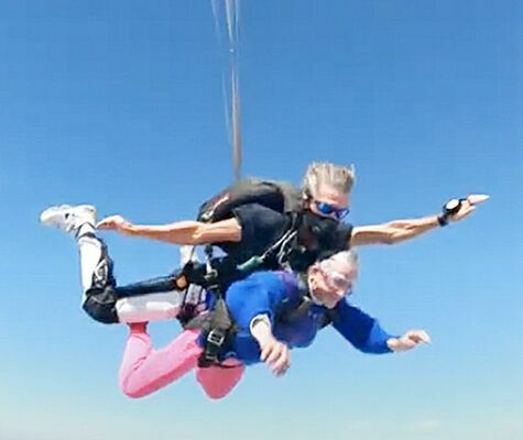 Cook is shown during the tandem skydive in mid-flight to celebrate her upcoming 82nd birthday. (Photo submitted)