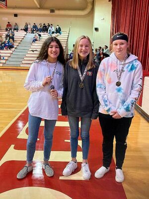 ALL TOURNAMENT, ALL COUNTY TEAMS INCLUDE LADY RED DEVILS – Jenefer Wallace, Caroline Barclay, and Maddie Gray, members of the SFMS Lady Devils basketball team were named to the Obion County Tournament All-Tournament Team. Wallace and Gray were also named to the All County Team. (Photo by Jake Clapper)