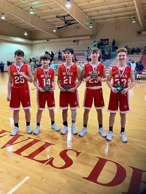 OBION COUNTY TOURNAMENT TEAM HONORS – Members from the SFMS Red Devils’ basketball team included on the All Tournament Team for Obion County’s boys were: Tucker Stevens, Connor O’Neal, Dallas Whitehead, Dane Cirkles, and Brady McFarland. McFarland, O’Neal, Whitehead, and Cirkles were also named to the All County Boys’ Team. (Photo by Jake Clapper)