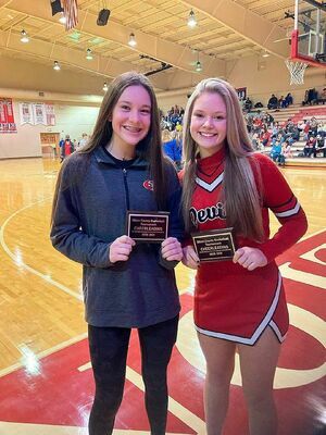 ALL COUNTY CHEER – Hadley Barnes and Laney Stokes, South Fulton Middle School cheerleaders were named to the All County Cheer Team during the recent Obion County Middle School basketball tournament. (Photo by Jake Clapper)