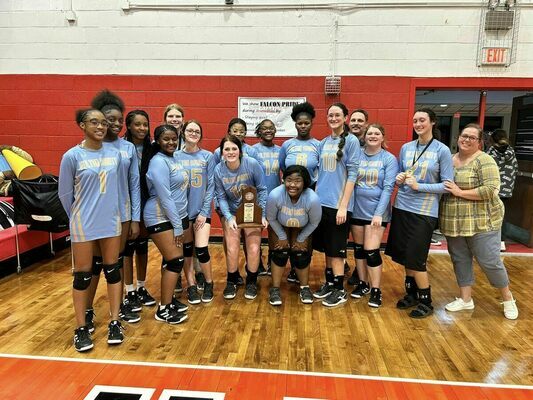 2022 Fulton County Lady Pilots' volleyball team celebrates with their First District Runner-Ups trophy Oct. 18. (Photo submitted)