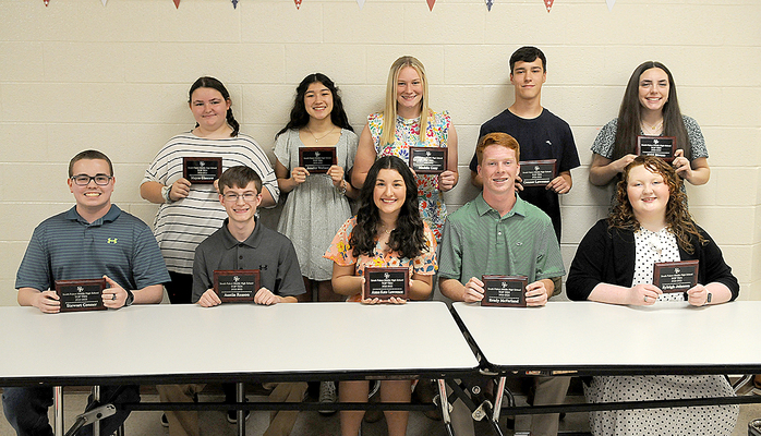 SFHS ACADEMIC TOP 10 SOPHOMORES -- During the Academic Top 10 Awards ceremony, held May 7, recognizing the academic achievements of students in the 10th grade at South Fulton High School for the 2022-2023 school year, those honored included, seated, left to right, Stewart Conner, #1; Austin Reason, #2; Anna Kate Lawrence, #3; Brady McFarland, #4; Ryleigh Johnson, #5; standing, left to right, Mayce Glasgow, #6; Jenefer Wallace, #7; Maddie Gray, #8; Connor Lawrence, #9; and Abbi Bivens, #10. (Photo by Benita Fuzzell.)