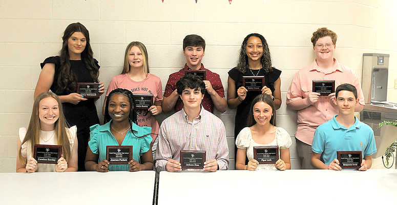 SFHS ACADEMIC TOP 10 FRESHMEN -- Members of the ninth grade class at South Fulton High School were recognized May 7 in the school cafeteria for their academic achievements to be ranked within the top 10 of their class, for the 2022-2023 school year. Among those honored were, seated, left to right, Caroline Barclay, #1; Journee Puckett, #2; Jackson Doss, #3; Piper Lusk, #4; Benjamin Swift, #5;  standing, left to right, Jentry McConnell, #6; Jadyn Rushin, #7; Josh McKnight, #8; Keeley Dance, #9; and Kylan Koenig-Curtis, #10. (Photo by Benita Fuzzell.)