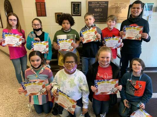 Students who exhibited outstanding traits in the area of Respect were recognized at South Fulton Elementary School recently, honored in the Character Counts program, sponsored by local area lending institutions. First Financial sponsored the awards for grades fourth and fifth, pictured here. (Photo submitted)