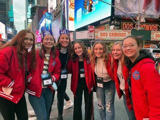 Broadway Dance Company’s dancers, left to right, Rebecca Jones, Lucy Oelrich, Bella Hancock, Zuzu Pulley, Mia Hancock, Emmalee Lattus, and Sidda Purcell will participate in this year’s Macy’s Thanksgiving Day Parade in New York City. The group arrived Saturday with numerous rehearsals and site seeing tours scheduled over the next several days. (Photo provided)