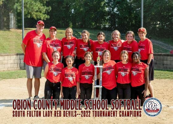 The 2022 South Fulton Middle School Lady Red Devils won the Obion County Middle School Softball Championship Sept. 24. (Photo submitted)