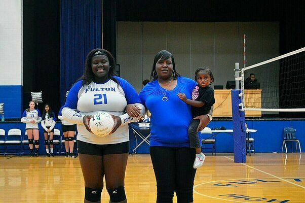 SENIOR NIGHT HONORS – Fulton High School honored their Senior Volleyball players Oct. 14. Senior Takyra Taylor, left, was escorted by Trista Taylor. (Photo by Barbara Atwill)