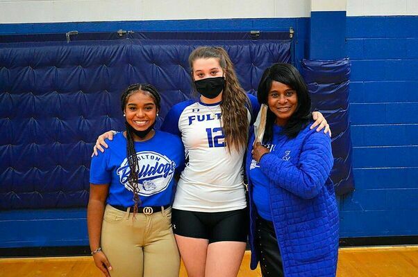 SENIOR VOLLEYBALL RECOGNITION – Gracie Sheppard, center, was honored on Senior Night for Volleyball at Fulton High School on Oct. 14. Gracie was escorted by Lutisha Taylor and Taleah Walker. (Photo by Barbara Atwill)