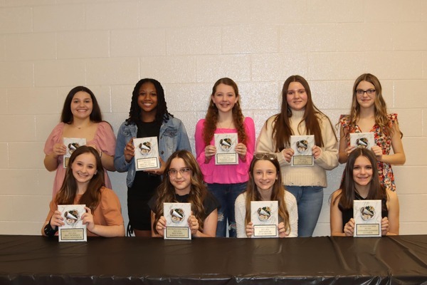 SFMS CHEER AWARDS – South Fulton Middle School Cheerleaders were recently recognized for their efforts and achievements throughout the 2023-2024 football and basketball seasons. Among those presented awards were, front row, from left, Bella Caksackkar, Best Technique, McKenna Haley, Best Jumps, Ellie Gregory, Best Dancer, Lily Nabors, Outstanding Leadership, back row, Mia Becerra, Most Improved, Serenity Copper, Best All Around, Cherish Nance, Academic Award, Lilli Hamrick, 110% Award, Lilly Haynes, Red Devil Award. Cheer coaches are Moranda Johns and Amanda Wilder. (Photo submitted)