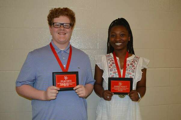 SFMS EIGHTH GRADE HONORS – South Fulton Middle School eighth Grade students Journee Puckett and Dylan Curtin were presented the K.M. Winston Award for High Achievement May 1 at the Middle School Academic Awards reception. (Photo by Benita Fuzzell)