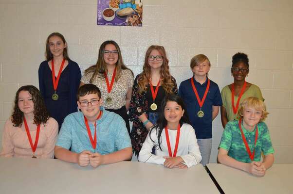 SFMS SEVENTH GRADE ACADEMIC TOP 10 – South Fulton Middle School seventh grade students announced May 1 and included in the Academic Top 10 of their class were, top right, left to right,  #1, Callie Tucker; #2, Lexie Martin; #3, Olivia Rogers; #4, Seth Dunn; # 5 Parker Burden not pictured; #6, Brooke Adams; front row, a tie for #7, Shelby Stevens and Gavin Dixon; #9, Samantha Auxier; and #10, Logan Copeland. Not pictured is Seventh grader Lucas Foust, not present, who was awarded the Seventh Grade 110% Award. (Photo by Benita Fuzzell)
