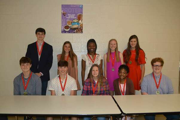 SFMS EIGHTH GRADE ACADEMIC TOP 10 – South Fulton Middle School eighth Grade students recognized May 1, included in the class Academic Top 10 were back row, left to right, #1, Jackson Doss; #2, Piper Lusk; #3, Journee Puckett; #4, Caroline Barclay; #5, Jentry McConnell; bottom, left to right, a tie for #8, Jonathan Doss and Josh McKnight; #10, Jadyn Rushin; #7, Zoe Adams; and #6, Dylan Curtis. (Photo by Benita Fuzzell)