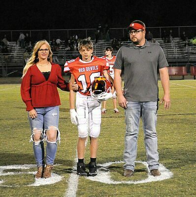 SOUTH FULTON EIGHTH GRADE NIGHT –  South Fulton Middle School football player Carson Choate and his parents were recognized during Eighth Grade Night honors Sept. 29, during the SFMS vs. Dresden football game. (Photo by David Fuzzell)