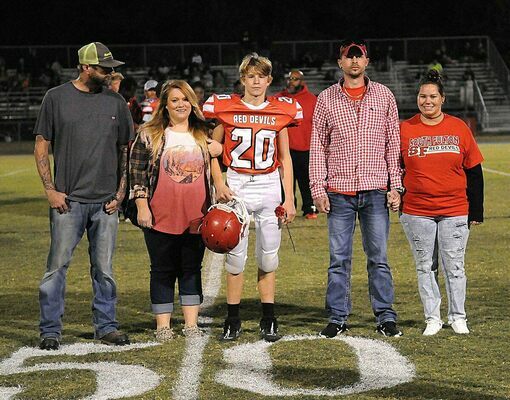 FOOTBALL EIGHTH GRADE NIGHT FOR SFMS – Brody Moreland, a member of the 2022 South Fulton Middle School football team was honored along with his parents during the SFMS football Eighth Grade Night ceremony Sept. 29. (Photo by David Fuzzell)
