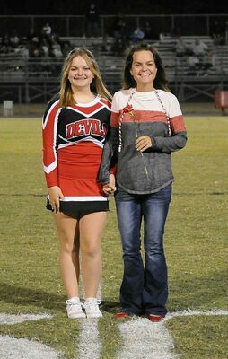 SFMS EIGHTH GRADE CHEER RECOGNITION –  Melanie Winstead, SFMS Eighth Grade cheerleader, along with her mom, were honored during the South Fulton Middle School football Eighth Grade Night ceremonies during the Red Devils football game against Dresden. (Photo by David Fuzzell)